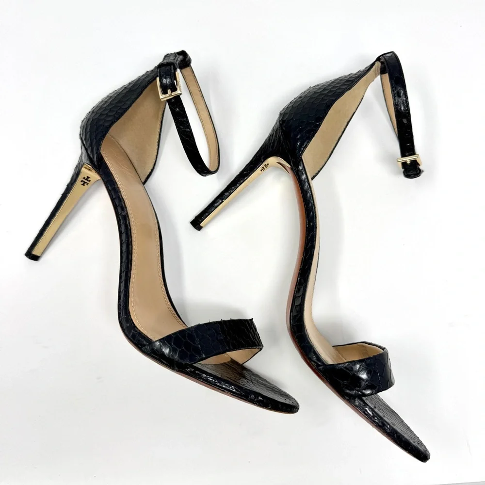 Tory Burch Keri Black Snakeskin Ankle Strap Stiletto Heels Sandals